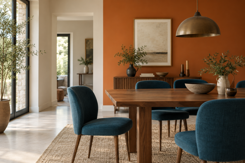 Comedor con pared calabaza, sillas azul petróleo y mesa de nogal.