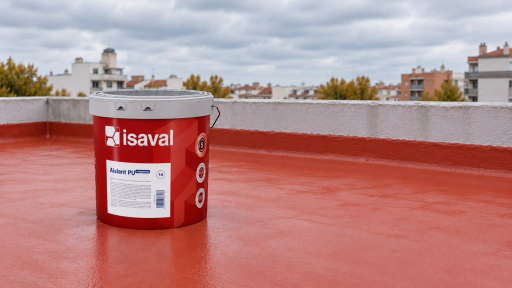 Envase de Aislant Antigoteras sobre una cubierta con acabado color teja.