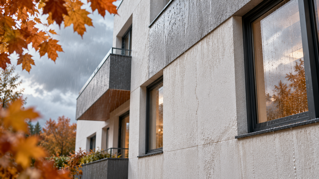 Fachada de edificio en otoño expuesta a lluvia y humedad
