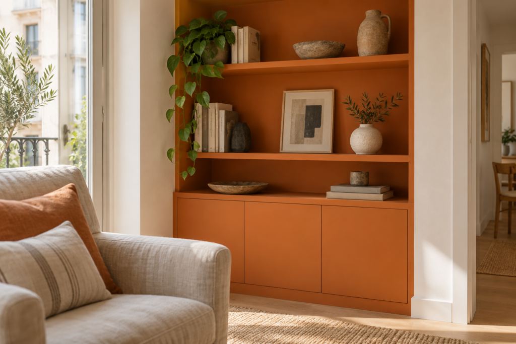 Hornacina y mueble pintados en naranja calabaza junto a una butaca de lino.