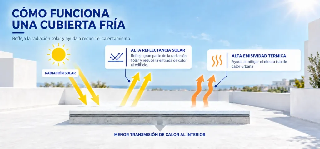 Infografía sobre el funcionamiento de una cubierta fría, que refleja la radiación solar, reduce la transmisión de calor al interior y ayuda a mitigar el efecto isla de calor urbana.