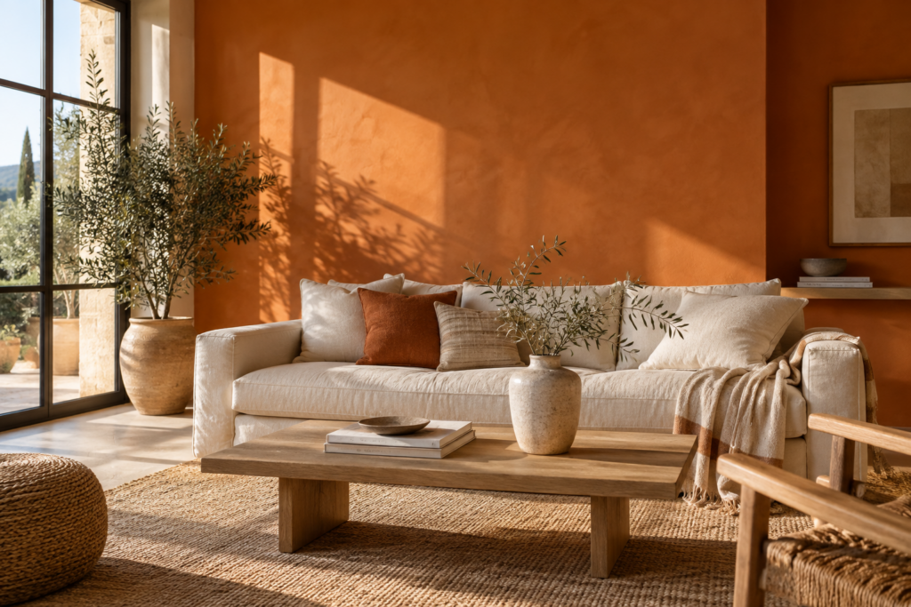 Salón con pared en color calabaza, sofá de lino claro y mesa de madera.