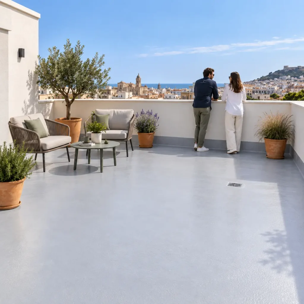 Terraza transitable impermeabilizada con Imper PU, plantas mediterráneas y zona de descanso.